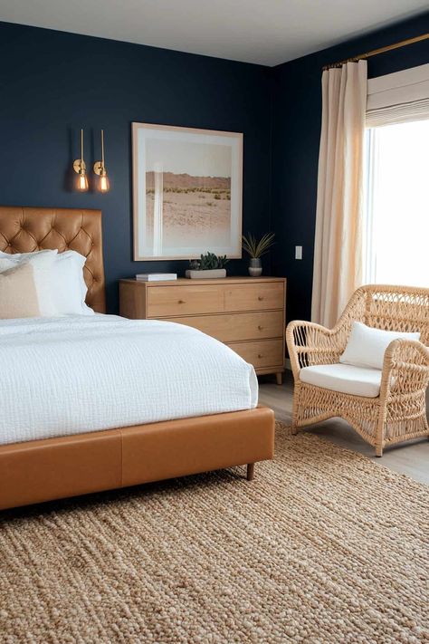 63 Stunning Navy Blue Bedroom Ideas (That Designers Love) Navy Blue And Tan Bedroom, Blue And Tan Bedroom, Navy Blue Bedroom Ideas, Tan Bedroom, Navy Blue Bedroom, Blue Bedroom Ideas, Navy Bedrooms, Navy Blue Bedrooms, Blue Bedroom Design