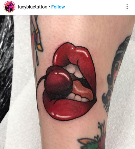 Cherry Tattoo Ideas, Tatto Lips, Red Lips Tattoo, Lip Print Tattoos, Trucker Tattoo, Mouth Tattoo, Cherry Tattoo, Learn To Tattoo, Heart Temporary Tattoos