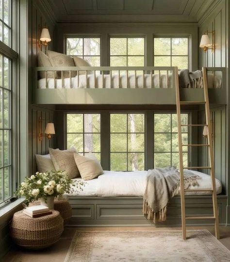 Next to the bed are huge windows that let in tons of natural light and give you a great view of the outside. Image credit: INSTAGRAM @THEINTERIORGUIDECOM Creative Bunk Bed Designs, Green Bunk Room, Cute Bunk Beds, Bunkbed Bedroom Ideas, Bunk Room Ideas, Bunk Bed Rooms, Bunk Beds Built In, Built In Bunks, Bunk Rooms