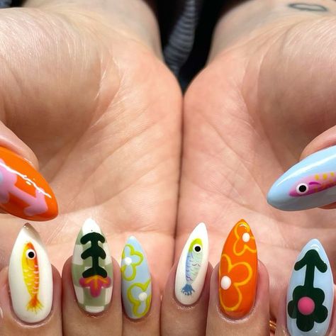 Violet Davis | LA • gel • nail art • press ons on Instagram: "It’s a tinned fish summer y’all 🌞  I lover recreating this set by @innerbloom.nails  To get this set, book ✨Custom Art - Intricate   🔮Accepting New Clients  🔗Link in bio to book or add your name to the waitlist 📆 Follow my IG Broadcast Channel for up to date appointment availability  ———————————————————— #Nailpro #nailitdaily  #losangelesnailsalon #nailartsalon #japanesegel #privatesalon #gelnailslosangeles #structuredgelmanicure #losangelesnailart #nailartnearme #nailsalonnearme" Intricate Nail Art, Fish Nail Art Designs, Tin Fish Nails, Fish On Nails, Nails With Fish, Tinned Fish Nails, Fish Nails Designs, Fish Design Nails, Innerbloom Nails