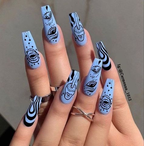 Nail Art Gothic Dark Beauty, Light Blue Evil Eye Nails, Excision Nails, Nails Azul Pastel, Punk Nail Designs, Hippie Nails Acrylic, Trippy Nails Acrylic, Trippy Nail Designs, Psychadelic Nails