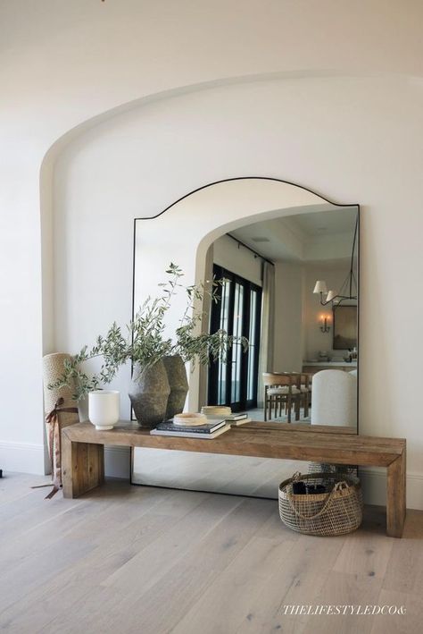 Just Decorate! | Beautiful entryway🪵￼ | Facebook Bench In Front Of Mirror Entryway, Huge Foyer Ideas, Mirror In Entryway Foyer Ideas, Big Mirror Entryway Ideas, Entry Bench And Mirror, Entry Bench With Mirror, Large Entry Room Ideas, Front Door Foyer Ideas Entry Ways, Big Foyer Ideas Entrance