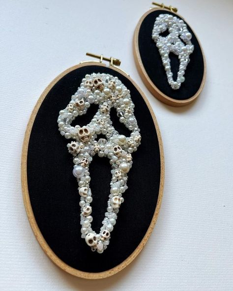 Art • Instagram Beth Evans, Modern Hand Embroidery, Ghostface Scream, Diy Bead Embroidery, Halloween Beads, Goth Home Decor, Halloween Embroidery, Embroidery Stitches Tutorial, Ghost Faces