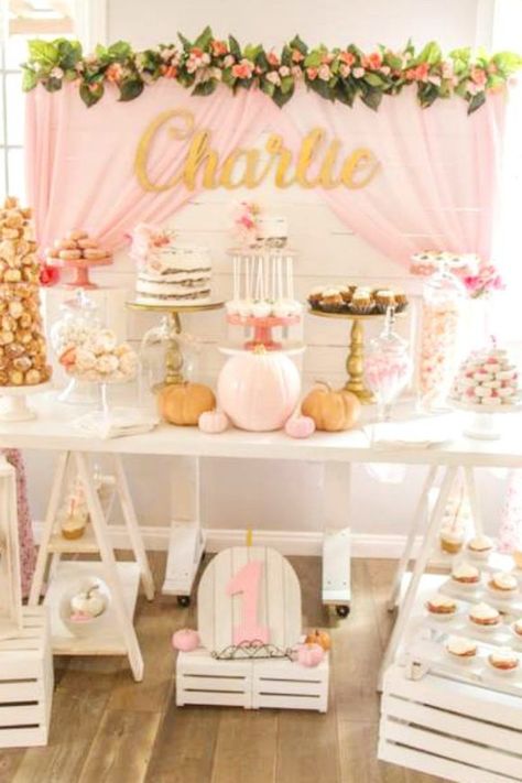 Pumpkin Dessert Table, Pumpkin Party Ideas, Pumpkin 1st Birthday Party, Fall 1st Birthdays, Pink Vibe, Pumpkin Table Decorations, Pumpkin Birthday Parties, Dessert Table Birthday, Pumpkin 1st Birthdays