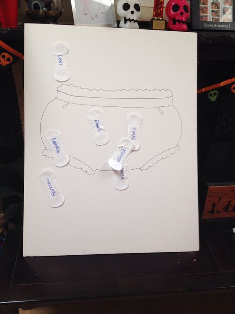 Pin the pad on the panty game.  First moon period party. First Period Party Ideas, Period Party Food, Period Party Ideas Girls Daughters, Period Party Ideas, First Moon Party, Period Starter Kit, Moon Party Ideas, Period Party, Period Box