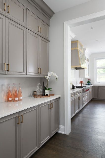 Project Polly - Transitional - Kitchen - Toronto - by Sonia Sudan Interiors | Houzz Light Gray Cabinets With Brass Hardware, Cabinets With Brass Hardware, Marble Mosaic Backsplash, Kitchen Cabinets And Backsplash, Gray Shaker Cabinets, Light Grey Kitchen Cabinets, Grey Laundry Rooms, Fresh Background, White Marble Mosaic