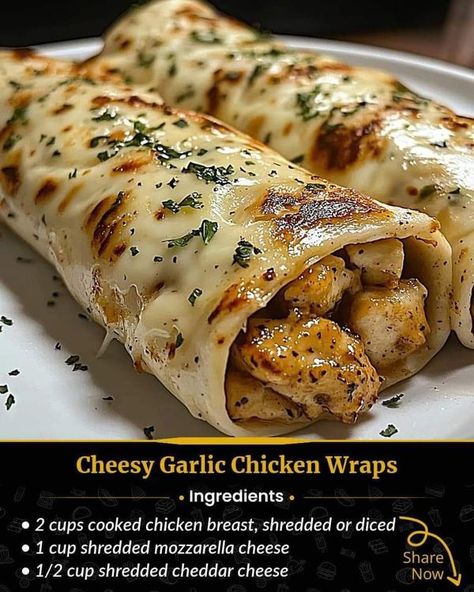 Chef Carla hall | Cheesy Garlic Chicken Wraps | Facebook Cheesy Garlic Chicken, Tortilla Wrap, Fire Food, Slow Cooker Recipes Healthy, Cooked Chicken, Grandmas Recipes, Cook Chicken Breast, Cheesy Chicken, Chicken Wraps