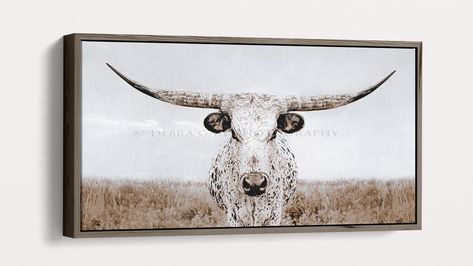 Western Minimalist, Design Effects, Western Wall Decor, Neutral Farmhouse, Highland Cow Art, Longhorn Cow, Long Horn, Western Wall Art, Cow Pictures