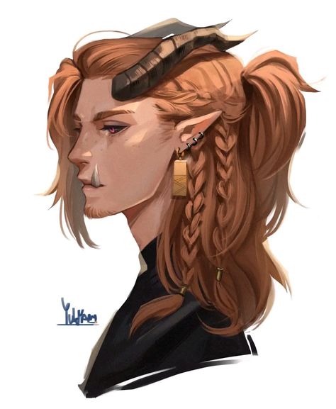 Long Hair Concept Art, Fantasy Male Long Hair, Male With Long Hair Art, Tiefling Red Hair, Male With Long Hair Drawing, Fantasy Hair Male, Tiefling Hair, Male Character Long Hair, Male Character With Long Hair