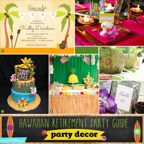 Decorating Ideas for a Hawaiian-themed Party #hawaiian #luau #retirement Hawaiian Themed Retirement Party, Retirement Luau Party Ideas, Luau Retirement Party, Beach Retirement Party Ideas, Tropical Retirement Party Ideas, Hawaiian Retirement Party Ideas, Aloha Retirement Party, Beach Themed Retirement Party, Luau Retirement Party Ideas