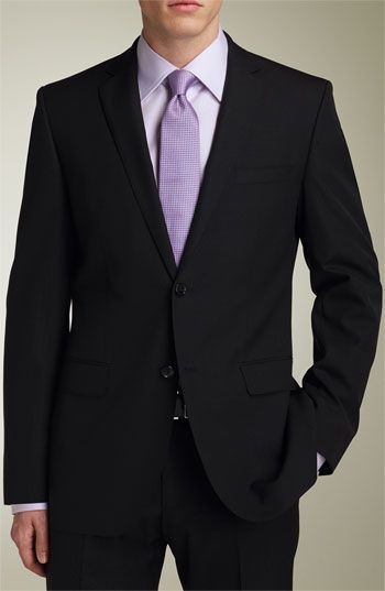 MENSWEAR : black suit, light gray or white shirt, lavender tie Chambelan Outfits, Chambelanes Outfits, White Tuxedo Wedding, Light Purple Shirt, Purple Tuxedo, Purple Quince, Lavender Shirt, Lavender Tie, Black Suit Wedding