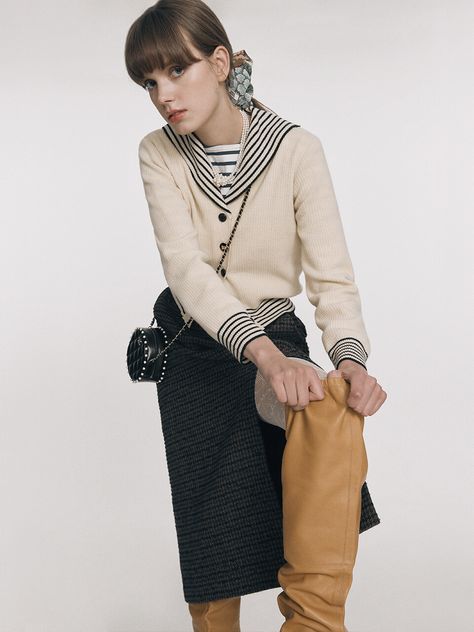 Striped Knitwear, Herringbone Coat, Straight Fit Denim, White Lace Blouse, Checked Jacket, Sailor Collar, Collar Cardigan, Striped Jacket, Oversized Coat