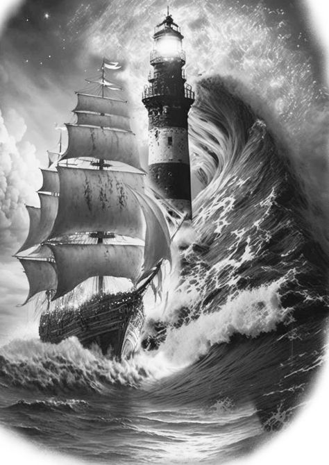 Ship Storm Tattoo, Stormy Sea Tattoo, Pirate Boat Tattoo, Poseidon Tattoo Design, Lighthouse Tattoo Design, Ship Tattoo Sleeves, Ocean Theme Tattoos, Pirate Ship Tattoos, Nautical Tattoo Sleeve