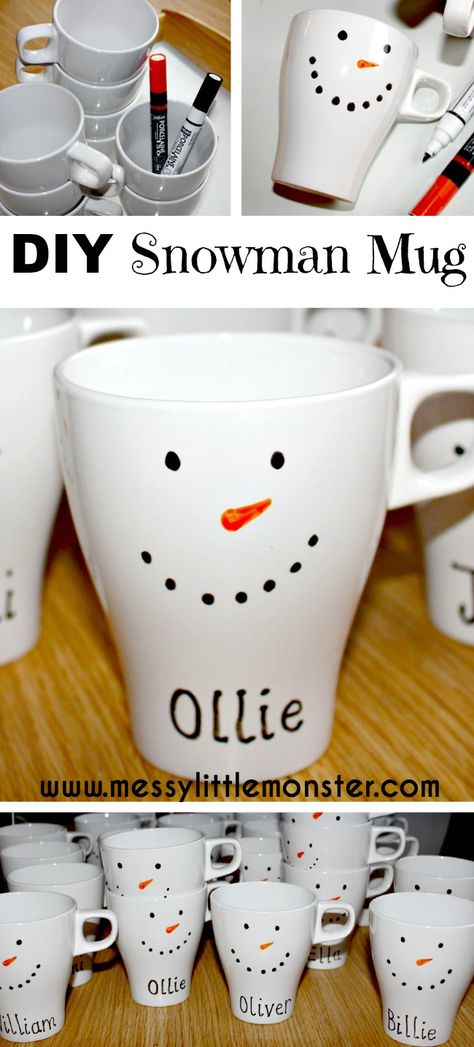 How to make a personalised DIY snowman mug.  DIY mugs are easy to make and a great gift idea.  Follow these simple instructions. Christmas Fayre Ideas, Diy Schneemann, Christmas Fair Ideas, Snowman Mugs, Diy Mugs, Diy Snowman, Christmas Eve Box, Homemade Christmas Gifts, Homemade Christmas