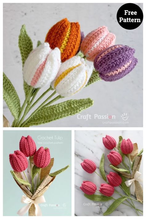 Crochet Realistic Flowers Free Pattern, Crocheted Tulips, Beautiful Amigurumi, Crochet Free Patterns, Crochet Flowers Easy, Crochet Flowers Free Pattern, Crocheted Flowers, Crochet Bouquet, Crochet Motif Patterns