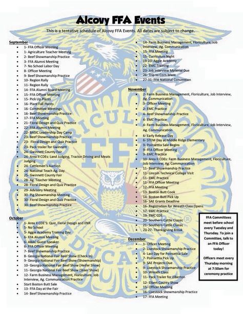 Fantastic way for all members to see what is happening during the semester and it looks nice too. Alcovy FFA - www.OneLessThing.net Community Service Ideas For Ffa, Ffa Activities High Schools, Agriculture Classroom Decorations, Agriculture Education Activities, National Ffa Week, Animal Science Activities, Agriculture Classroom, School Greenhouse, Community Service Ideas