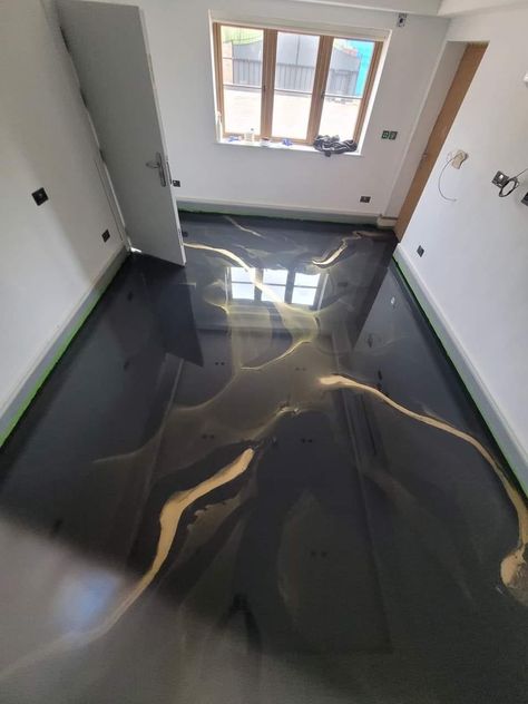 Black White Gold Epoxy Floor, Black And White Epoxy Garage Floor, Black Marble Epoxy Floor, Matte Epoxy Floors In Home, Black And Gold Epoxy Floor, Poxy Floors, Apoxie Floors, Dark Epoxy Floor, Black Floor Ideas