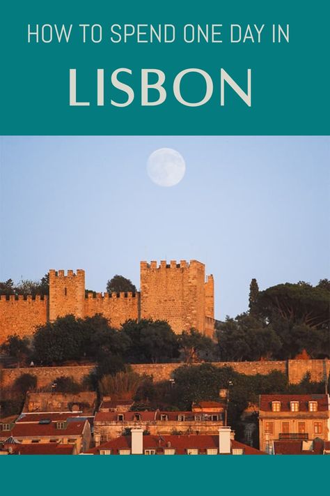 View of Lisbon with a castle and moon at sunset. Lisbon Itinerary, Lisbon Portugal Travel, Things To Do In Lisbon, Walking Map, Portugal Travel Guide, Lisbon Travel, Portugal Travel, Lisbon Portugal, Local Guide