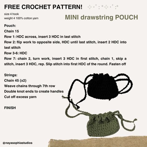 mini drawstring pouch FREE pattern! Crochet Drawstring Pouch Pattern Free, Crochet Drawstring Bag Pattern, Mini Drawstring Pouch, Crochet Drawstring Bag, Drawstring Bag Pattern, Pouch Drawstring, Crochet Pouch, Woven Chain, Crochet Lovers