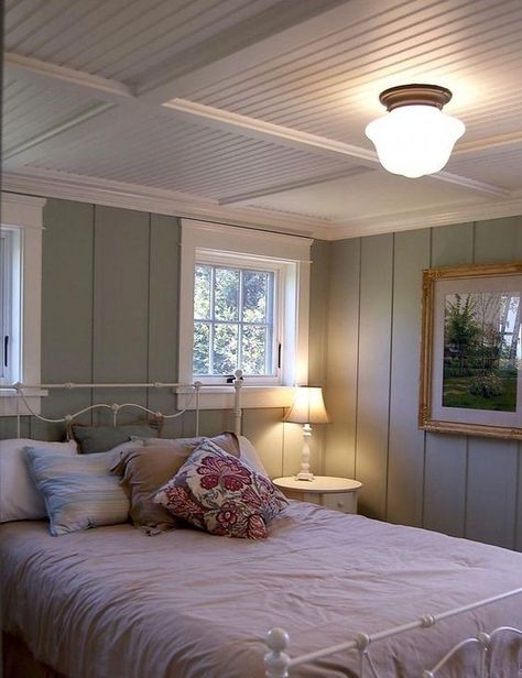 38 Best Wooden Ceiling Bedroom Decor Ideas For You | ARA HOME Wooden Ceiling Bedroom, Painted Wooden Ceiling, Beadboard Bedroom, Hm Home, Wooden Ceiling, Remodeling Mobile Homes, Home Theatre, Basement Bedrooms, Cottage Bedroom