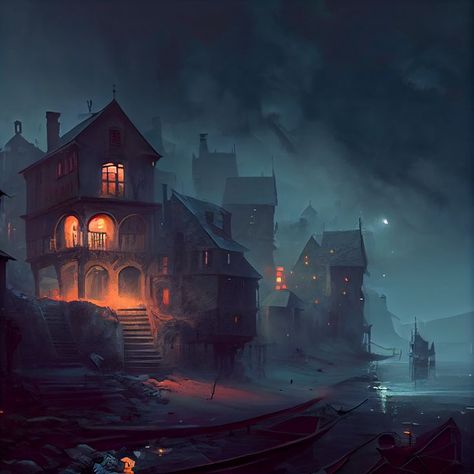 Weird Town, Ghost City, Fantasy Town, Dark Castle, Leagues Under The Sea, Location Inspiration, Cosmic Horror, Scene Art, Coastal Town