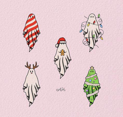 Christmas Ghost Drawing, Spooky Christmas Painting, Spooky Christmas Drawing, Christmas Ghost Tattoo, Christmas Ghost Painting, Spooky Christmas Tattoo, Spooky Christmas Art, Christmas Ink Drawing, Christmas Tattoo Flash