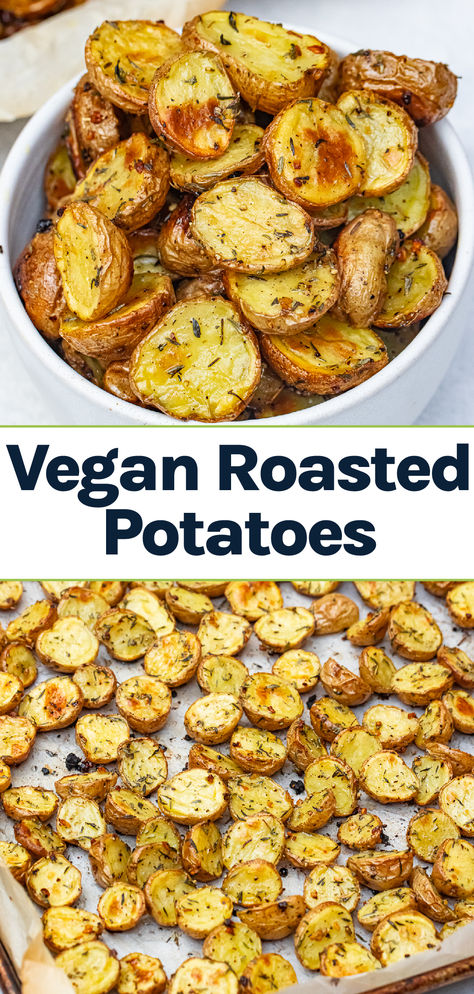 Vegan Roasted Potatoes with garlic and herbs on them. Vegan Veggie Dishes, Cheap Potato Recipes, Vegan Group Meals, Vegan Bean Side Dishes, Non Dairy Potato Recipes, Vegan Fall Side Dishes, Vegan Potato Side Dishes, Easy Cheap Vegetarian Recipes, Vegan Roasted Potatoes