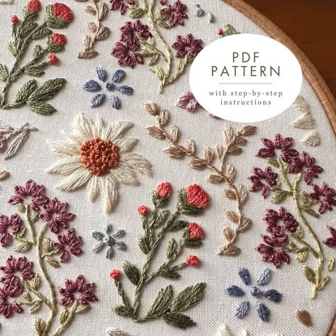 This wildflower embroidery pattern features a classic repeating floral design with daisies, lavender and more. This design fits a 6-inch hoop and is suited for intermediate beginners and up (you may find it helpful to have some embroidery experience). This is a great pattern for those that love to read detailed instructions, and have something to print out to refer to as they stitch. The digital PDF download you will receive immediately after purchase is over 15 pages long and packed with information, including: * Printable pattern, sized for a 6" hoop (it can be scaled up for larger hoops using your printer settings) * Color and stitch guide * Stitch library * Embroidery pattern transfer instructions * Recommended embroidery materials & supplies * Step-by-step stitching instructions * Emb Hand Embroidery Flowers Tutorial, Boho Embroidery Patterns, Spring Embroidery Patterns, Floral Embroidery Patterns Templates, Plant Embroidery Pattern, Botanical Embroidery Pattern, Folk Embroidery Patterns, Floral Pattern Embroidery, Embroidery Pattern Floral