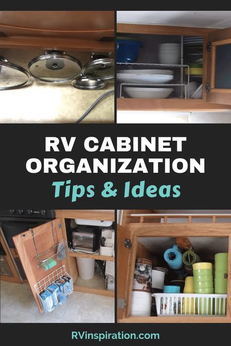 RV kitchen cabinet storage ideas and organization tips | rvinspiration.com #RVstorageideas #RVorganization #RVkitchenideas Rv Kitchen Cabinet Organization, Rv Under Sink Storage Ideas, Rv Food Storage Ideas, Rv Silverware Storage Ideas, Rv Pantry Storage Ideas, Organize Rv, Camper Cupboards, Rv Organizing, Under Kitchen Sink Storage