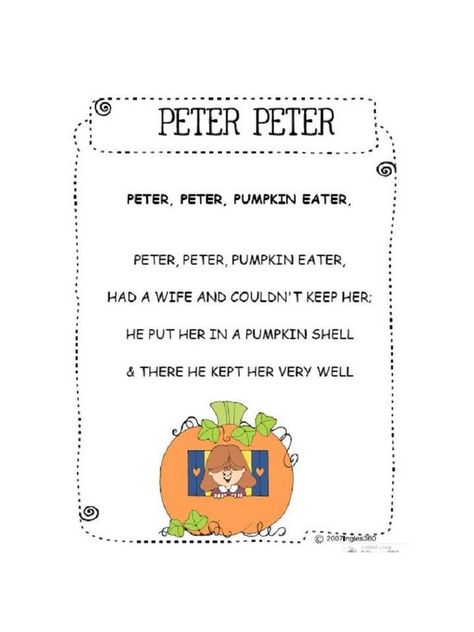 peter peter pumpkin eater Peter Peter Pumpkin Eater Nursery Rhyme, Fall Rhymes, Children Rhymes, November Preschool, Toddler Songs, Peter Pumpkin Eater, Rhymes Lyrics, Fairytale Town, Nursery Rhymes Lyrics