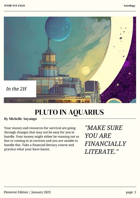 Second page of a 13 page newsletter magazine talking about Pluto in Aquarius in the 2nd house. This page summarises what Pluto in Aquarius in the 2nd house is. There is a header image of an observatory and sky. The header image is marked "In the 2H." The background of the page looks like newspaper print paper. Pluto In Aquarius 2024, Aquarius 2024, Pluto Aquarius, Pluto In Aquarius, Aquarius Rising, Astrology Planets, Aqua Art, Reading Rainbow, Age Of Aquarius