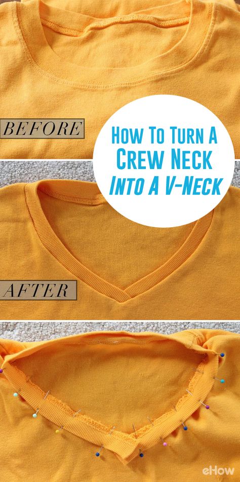 Many women choose a V-neck because it draws the eye up toward the face and creates a heart shape. It can also create an illusionary effect that elongates the body -- and who doesn't want that? Even if you're not an experienced sewer, you can transform your crew necks into flattering V-neck shirts in just a few simple steps. http://www.ehow.com/how_8777581_turn-crew-neck-tshirt-vneck.html?utm_source=pinterest.com&utm_medium=referral&utm_content=freestyle&utm_campaign=fanpage Diy Tee Shirt, Tips Menjahit, Sewing Alterations, Shirt Refashion, Altering Clothes, How To Turn, Learn To Sew, Free Sewing, Sewing Techniques