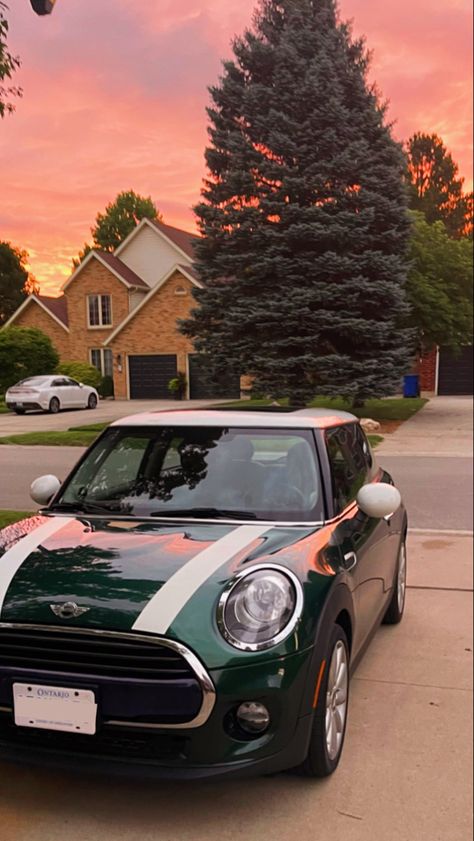 Mini Cooper With Stripes, Green Mini Cooper Aesthetic, Mini Copper Wallpaper, Mini Copper Aesthetics, Mini Cooper Green, Mini Cooper Aesthetic, Green Mini Cooper, White Mini Cooper, Old Mini Cooper