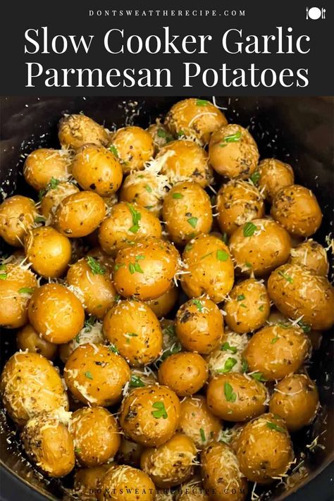 These Slow Cooker Garlic Parmesan Potatoes are the perfect super easy side dish. You only need small yellow or red potatoes, garlic, butter, olive oil,  seasonings, and a crock pot! Best Crock Pot Side Dishes, New Potatoes Crockpot, New Potatoes In Crock Pot, Cheesy Potatoes In Crock Pot, Crock Pot New Potatoes Recipes, Garlic Parmesan Mushrooms Crockpot, Easy Small Red Potato Recipes, Crockpot Yellow Potatoes, Slow Cooker Mini Potatoes