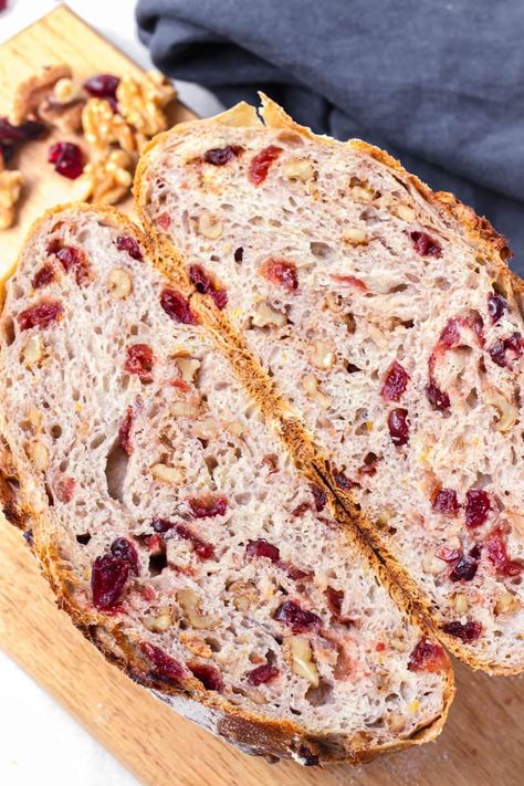 Cranberry Walnut Bread (No Knead) - Cooking For My Soul Bread No Knead, Cranberry Nut Bread, Walnut Bread Recipe, Cranberry Walnut Bread, Baguette Sandwich, Chewy Bread, Holiday Bread, Walnut Bread, Cranberry Bread