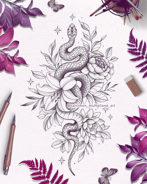 Snake Nature Tattoo, Snake Tattoo Flowers, Snake Hand Tattoos, Snake And Flowers Tattoo Design, Snake Tattoo With Flowers, Japanese Snake Tattoo Design, Snake Flowers Tattoo, Bibi Tattoo, Snake And Flower Tattoo