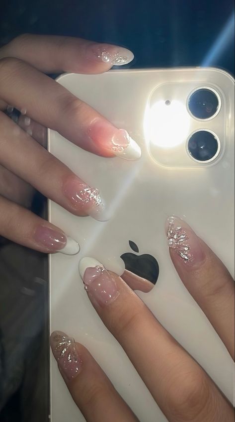 Nails With Heart Charms, Pearl Nails, Heart Charm, Nail Inspo, Charms, Nails