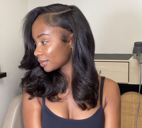 Side Part Silk Press With Curls, Side Part Sew In With Leave Out Short, Curled Short Hair Black Women, Side Part Sew In Short, Side Part Bob Sew In, Side Part Clip Ins, Shoulder Length Sew In, Side Part Natural Hair, Side Part Silk Press