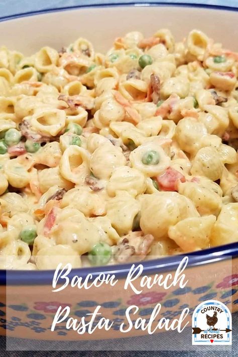 This Bacon Ranch Pasta Salad reminds me of the boxed Suddenly Salad product you can buy in the store. Only better! What’s not to love? Macaroni, Bacon, Peas, Carrots, and Ranch Dressing. My family loves this Bacon Ranch Pasta Salad. I hope you will too! #baconranchpastasalad #pastasalad #bacon #ranchdressing #salads #barbecue #familygatherings https://countryatheartrecipes.com/2018/08/bacon-ranch-pasta-salad/ Pasta Salad Ranch, Suddenly Pasta Salad, Ranch Salad Recipes, Salad Ranch, Pasta Salad With Chicken, Chicken Bacon Ranch Pasta Salad, Bacon Peas, Bacon Pasta Salad, Suddenly Salad