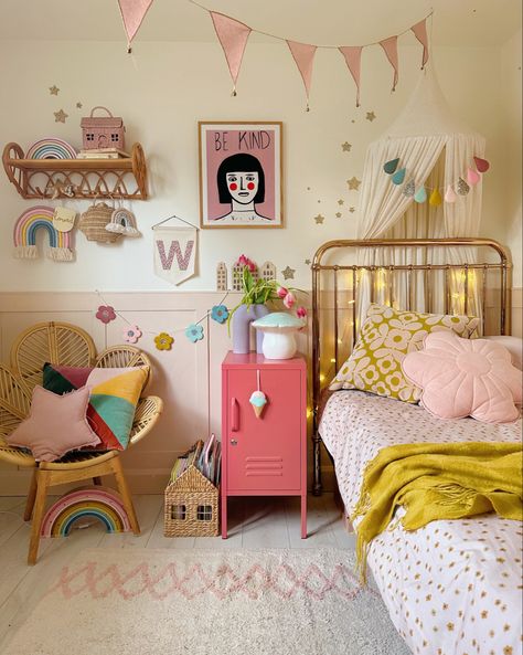 Blush pink panelling with colourful accents girls bedroom~ mustard made locker bedside cabby, petal chair and colourful cushions. Garlands by Velveteen Babies. #kidsroom #girlsbedroom #girlsbedroomideas #kidsroomdecor Daisy Garland, Kids Rooms Inspo, Sparkle Fabric, Big Girl Bedrooms, Toddler Girl Room, Toddler Room Decor, Kids Bedroom Inspiration, Nursery Room Inspiration, Toddler Rooms