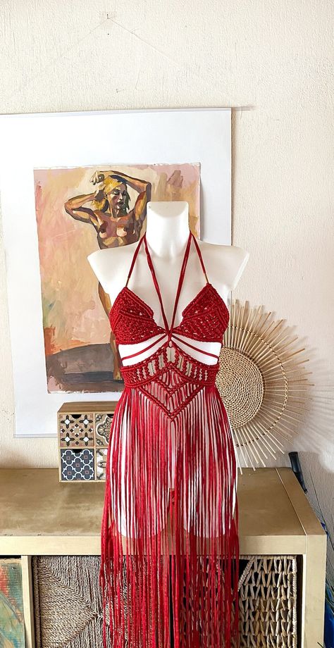 Red Macrame Festival Dress With Gold Beads Burning Man - Etsy Canada Shambala Outfits, Full Moon Party Outfit, Crochet Rave Outfit, Red Festival Outfit, Rave Crochet, Rave Outfit Women, Burning Man Costumes, Elegant Feminine Style, Rave Party Outfit