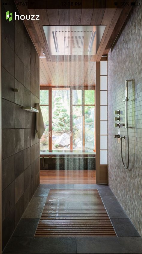 Really love this open shower with huge rain shower head, as well as the mix of stone/slate, bamboo and tile - if we can create anything close to this feeling I would be ecstatic Bathroom Shower Design, Victorian Bathroom, Bad Inspiration, Bathroom Trends, Bad Design, Dream Bathrooms, Design Del Prodotto, Cool Ideas, Safe Haven