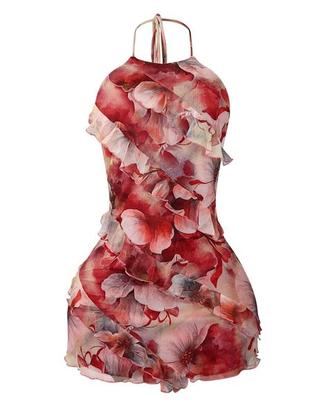 Like a rose 🌹 “Hopeless Romantic Mesh Print Ruffle Dress” Ruffle Slip Dress, Summer Ruffle Dress, Printed Mesh Dress, Vacation Dresses Black Women, Back Out Dress, Dresses For Night Out, Dress And Sandals, Layered Ruffle Dress, Halter Dress Short