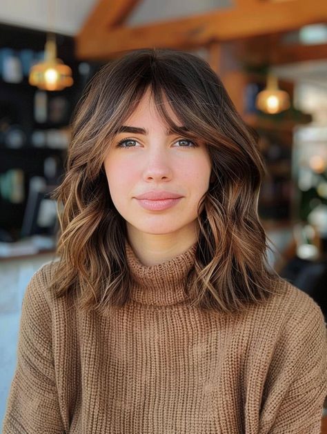 Stylish Shoulder Length Hair with Curtain Bangs Trend Sholdure Length Hair With Curtain Bangs, Medium Length Shag Curtain Bangs, Round Face Haircuts Curtain Bangs, Bangs Straight Medium Hair, Lob Hair With Curtain Bangs, Women’s Long Length Haircut With Curtain Bangs, Lob With Curtain Fringe, Summer Hair Bangs, Collarbone Bob With Bangs