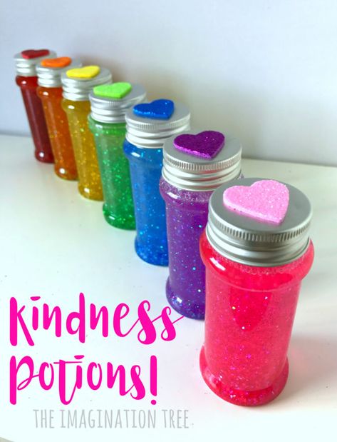 Make some rainbow coloured Kindness Potions Sensory Bottles to learn about what makes a kind and caring heart, after reading The Story of the Kindness Elves book! This is such a fun way to learn a little science, PHSE, literacy and a sprinkling of awe and wonder. The kindness potions sensory bottles make a wonderful...Read More » Manners Sensory Bin, We Care Center Conscious Discipline, Kindness Potions, Eyfs Potions, Sel Books, Colour Exploration, Friendship Week, Preschool Friendship, Sprinkle Kindness