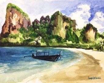 Thai Wall Art, Krabi Beach, Ao Nang Beach, Thailand Beach, Amsterdam Art, Beautiful Landscape Paintings, Thailand Art, South Asian Art, Watercolour Landscape