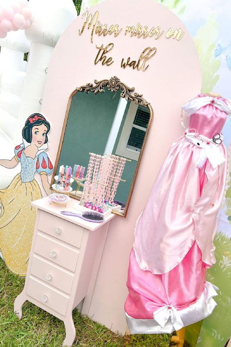 Feast your eyes on this magical princess-themed birthday party! The decor is fabulous! See more party ideas and share yours at CatchMyParty.com Princess Party Dress Up, Princess 2nd Birthday Party Ideas, Princess Birthday Party Table Decor, Tiara Birthday Party Ideas, Fancy Princess Party, Princess Birthday Party Diy, Birthday Princess Theme, Princess Fairytale Birthday Party, 5 Year Princess Birthday Party