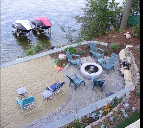 Lakefront Backyard Ideas, Lakeside Seating Area, Lakefront Property Landscaping, Patio By Lake, Lake Property Landscaping, Outdoor Lake Patio Ideas, Waterfront Backyard Ideas, Boat Dock Decorating Ideas Lakes, Lakeside Patio Ideas