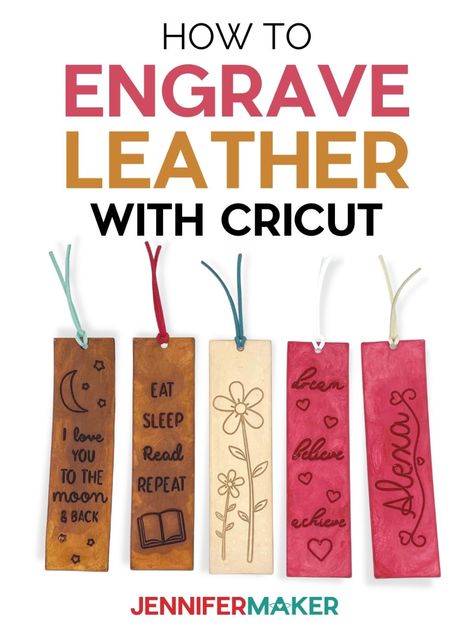 Brown, tan, and red engraved leather bookmarks. Cricut Joy Leather Projects, Cricut Wooden Bookmarks, Faux Leather Bookmark Cricut Svg, Wooden Bookmarks Cricut, Faux Leather Bookmarks Cricut, Engraving Leather With Cricut Maker, Bookmarks Made With Cricut, Cricut Maker 3 Leather Projects, Cricut Leather Bookmark