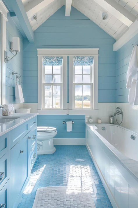 40 Ocean-Inspired Coastal Bathroom Ideas for a Coastal Escape Nautical Bathroom Colors, Statement Bathroom Ideas, Coastal Powder Bathroom, Light Blue Bathrooms, Pastel Blue Bathroom, Ocean Bathroom Ideas, Powder Bathroom Design, Coastal Guest Bathroom, Coastal Bathroom Vanity